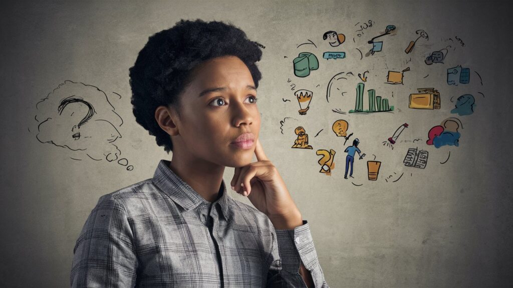 Young lady thinking about practical career steps for students and professionals